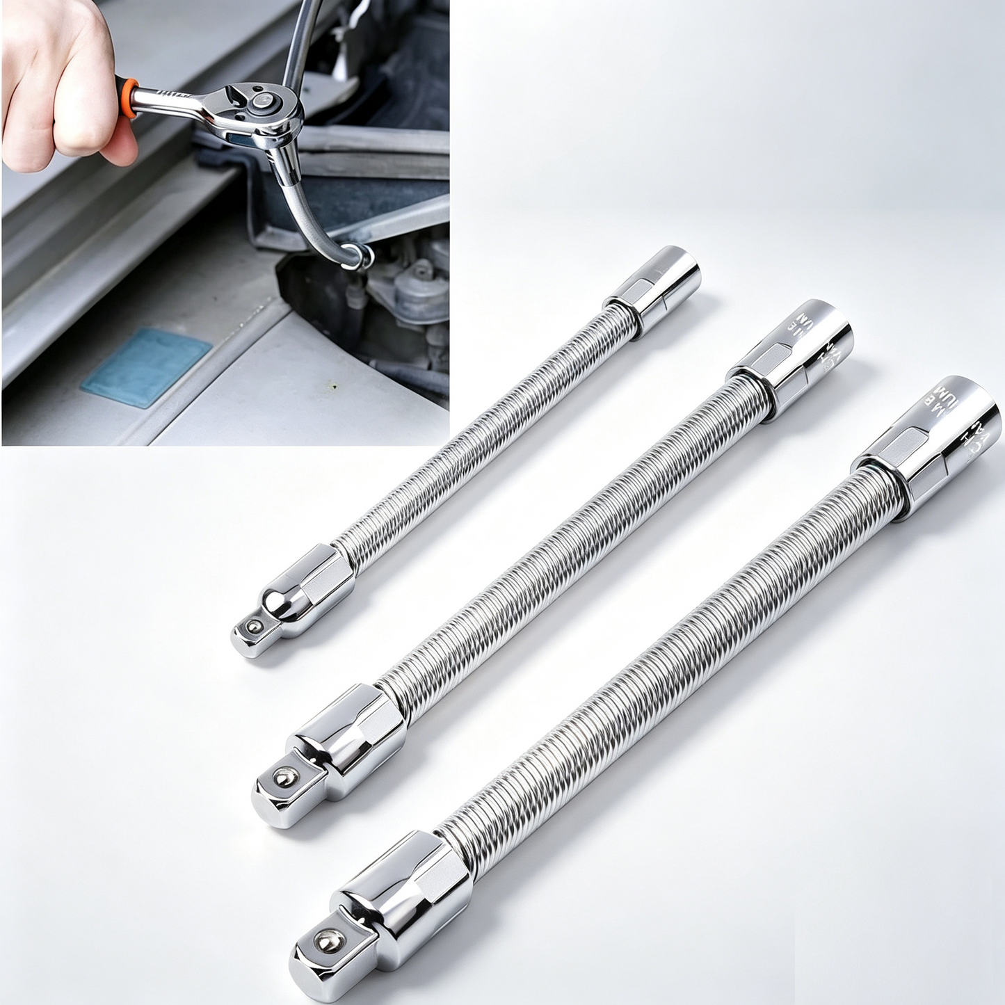 360° Bendable Flexible Socket Extension Bar Set, 1/4" 3/8" 1/2" Drive High‑Torque for Auto Repair