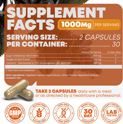 Turkesterone & Tongkat Ali - Muscle Builder & Strength Supplement for Athletes - 1000mg Per Serving, 60 Capsules