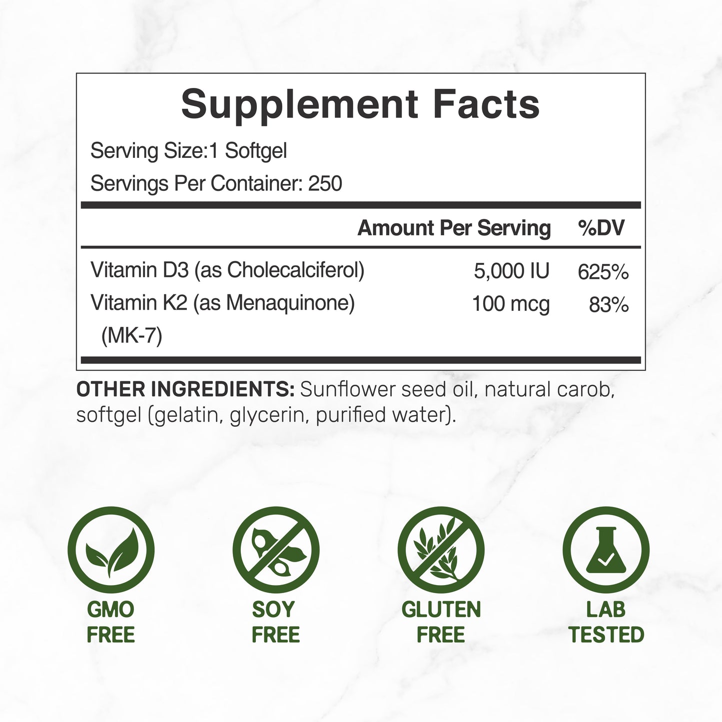 Vitamin D3 K2 5000IU Softgel, 250 Count