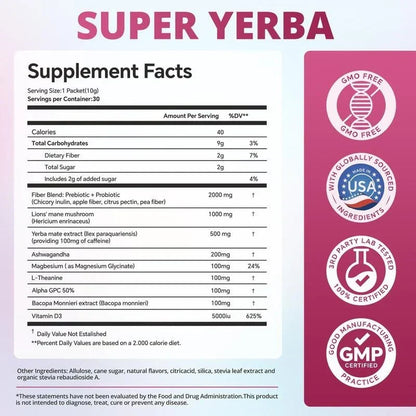 Super Yerba | Yerba Mate Instant Tea Powder |  RASPBERRY LEMONADE Flavor | 30 Se
