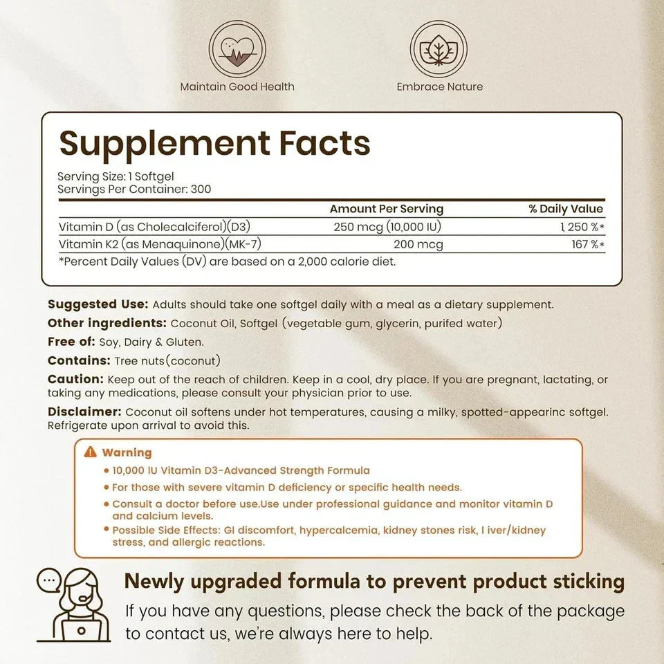 VEV Vitamin D3 Con K2 10000 IU, 300 Virgin Coconut Oil Softgels, 2 in 1 Vitamins